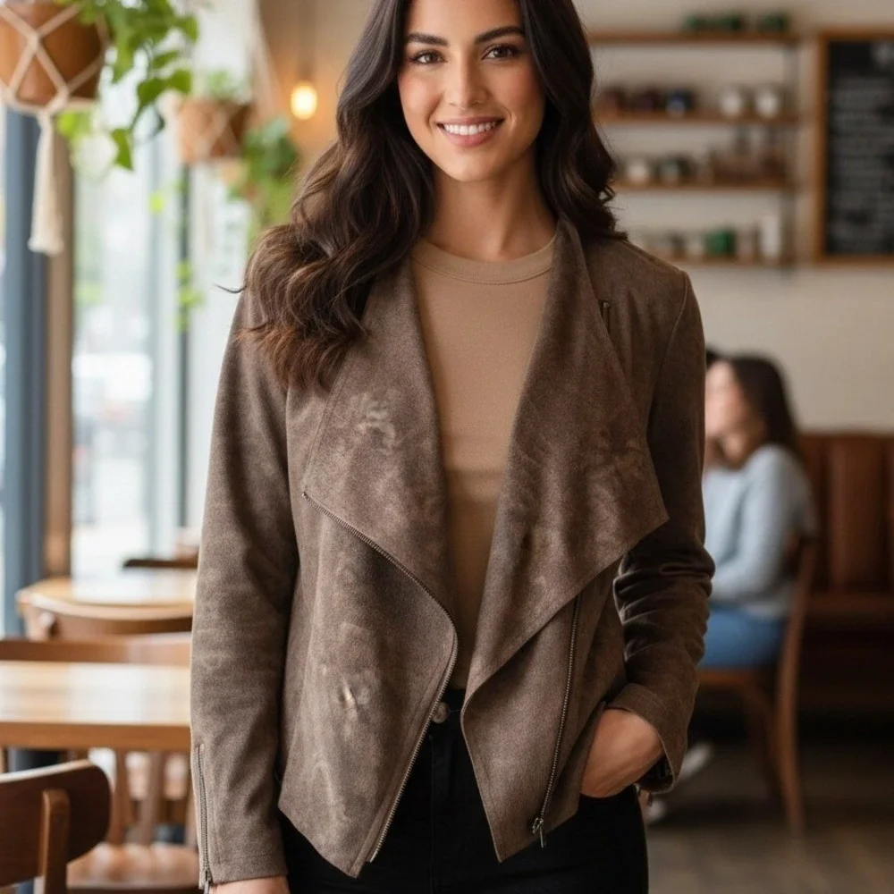 Miilla Womens Faux Suede Leather Brown Moto Jacket Size S Cropped Neutral Boho - Picture 1 of 11